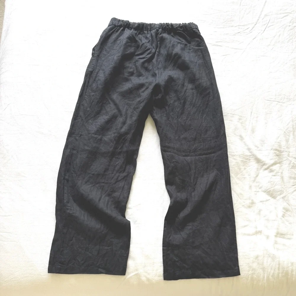 Quince 100% European Linen Pleated Trouser Black Wide Leg Pants Womens 10